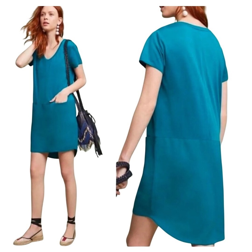 Dolan Left Coast Collection Teal Blue Shift Dress Pockets Small Short Sleeve